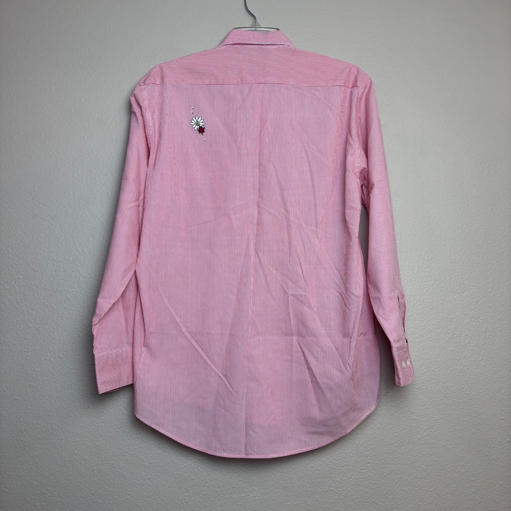Las Olas Ladybug Embroidered Shirt Womens Small Red Pinstripe Rhinestone Vintage - Picture 2 of 15